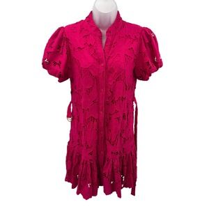 Karina Grimaldi Pink Guipure Lace Puff Sleeve Ruffle Mini Shirt Dress Womens XS